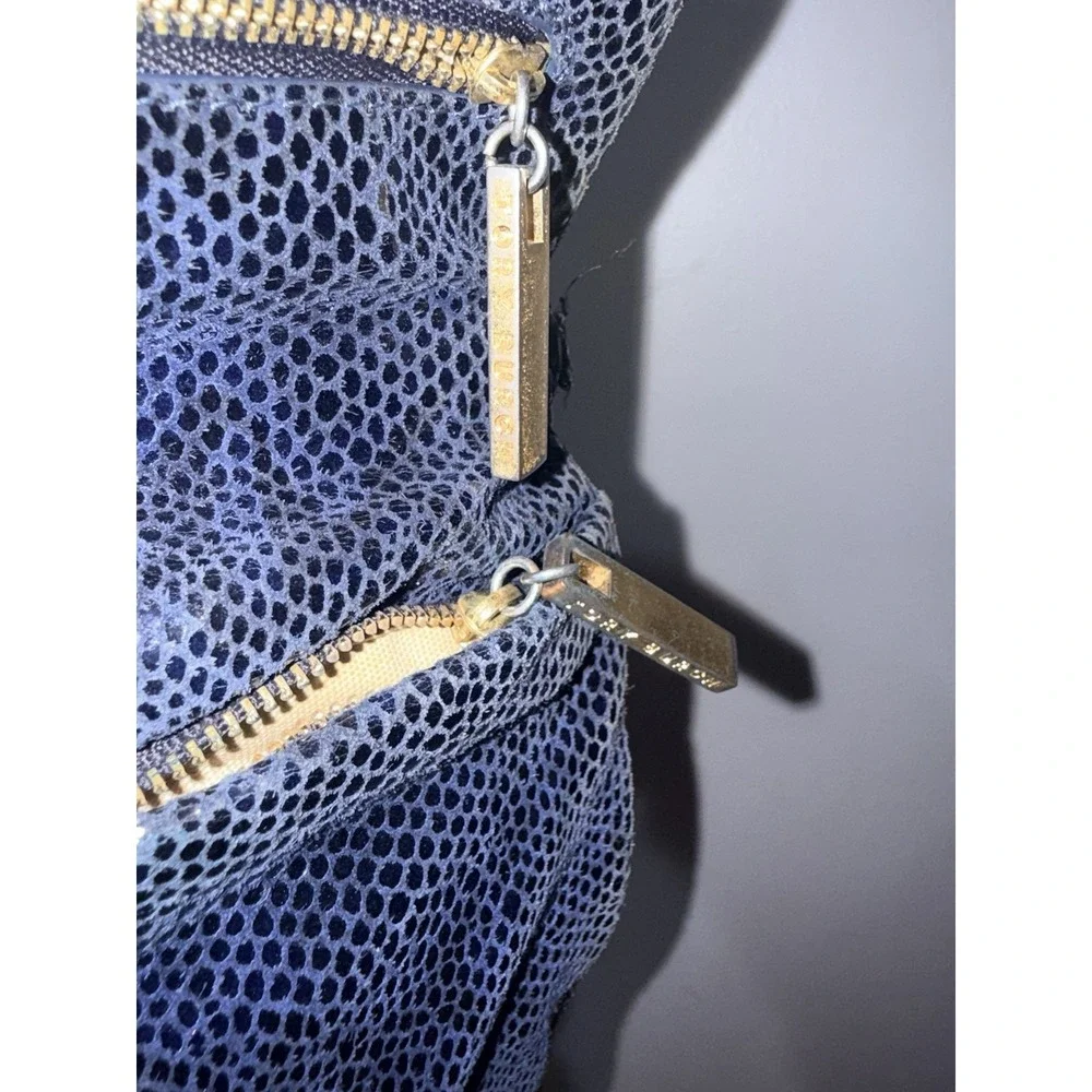 Tory Burch Reva Clutch Blue Leather‎ Snakeskin Print Chain Handbag Bag L